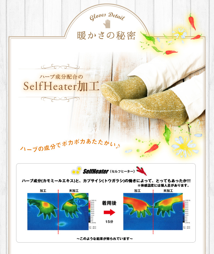 温かさの秘密　ハーブ成分配合のセルフヒーター加工