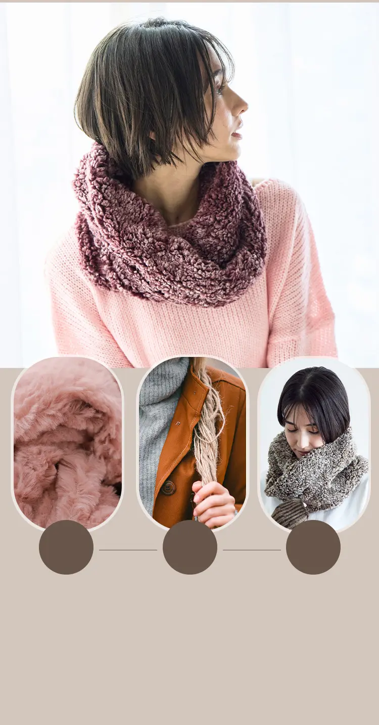 ピンクカラーのネックウォーマー着用イメージと仕様の特徴を紹介した説明画像
