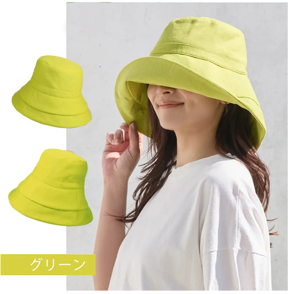 屋外での紫外線対策にも活用できるレディースUVカット帽子 グリーンのカラー紹介。ナチュラルな雰囲気のカラー展開。