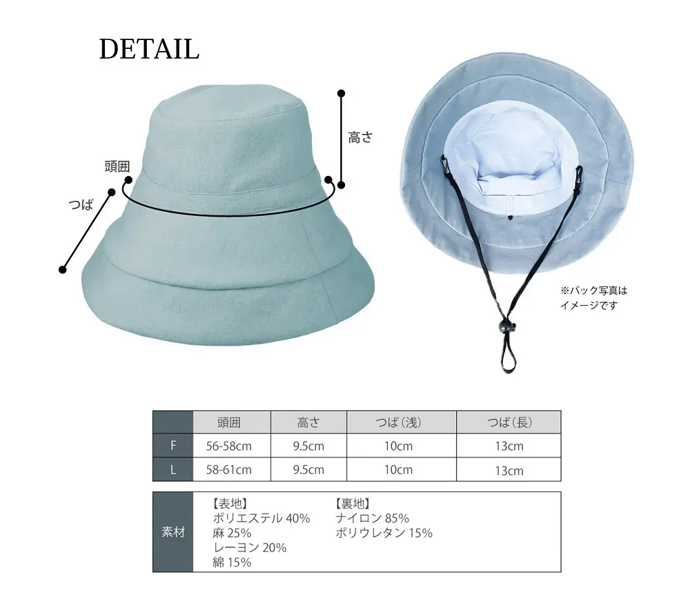 レディースUVハットのサイズ・素材・仕様など詳細情報をまとめた説明画像。