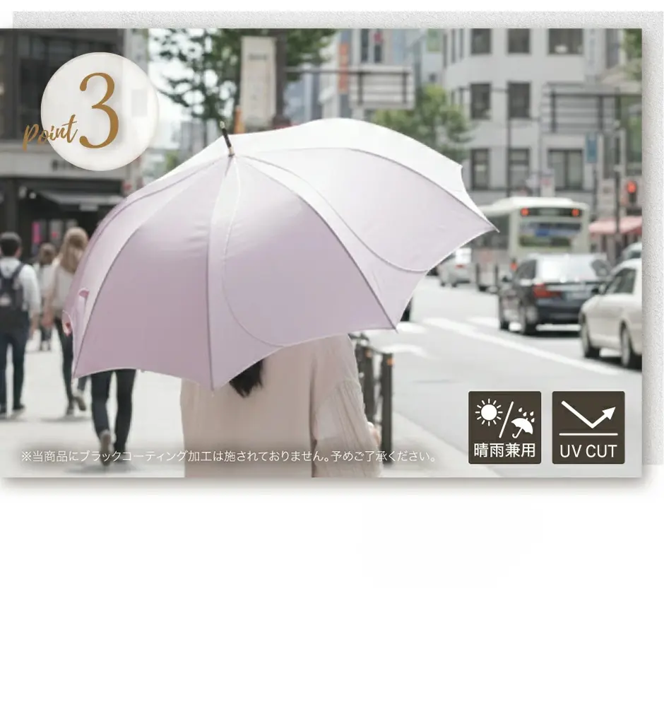 晴れの日も雨の日も使える晴雨兼用傘の説明画像。高密度ポリエステル生地の紫外線対策を紹介