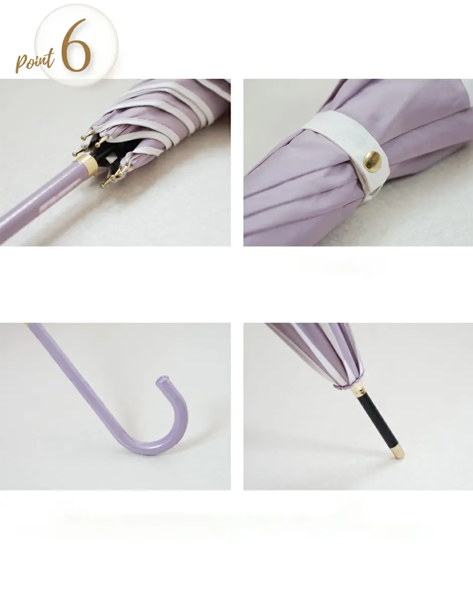 傘の細部のこだわりを紹介する説明画像。持ち手や先端、ボタン、開閉部分の詳細を確認できる