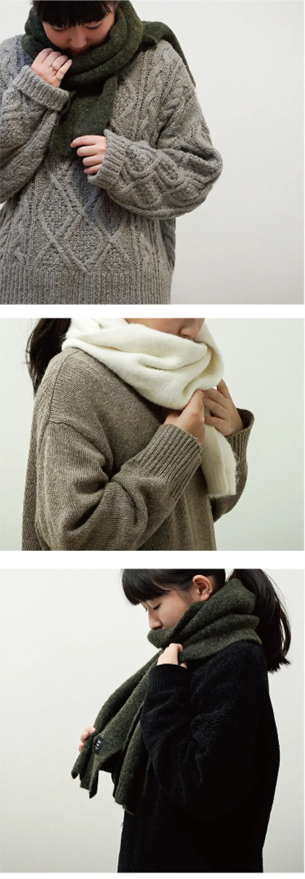 細めデザインのマフラー。無地でエレガントにもカジュアルにも合わせやすい首元コーディネート例