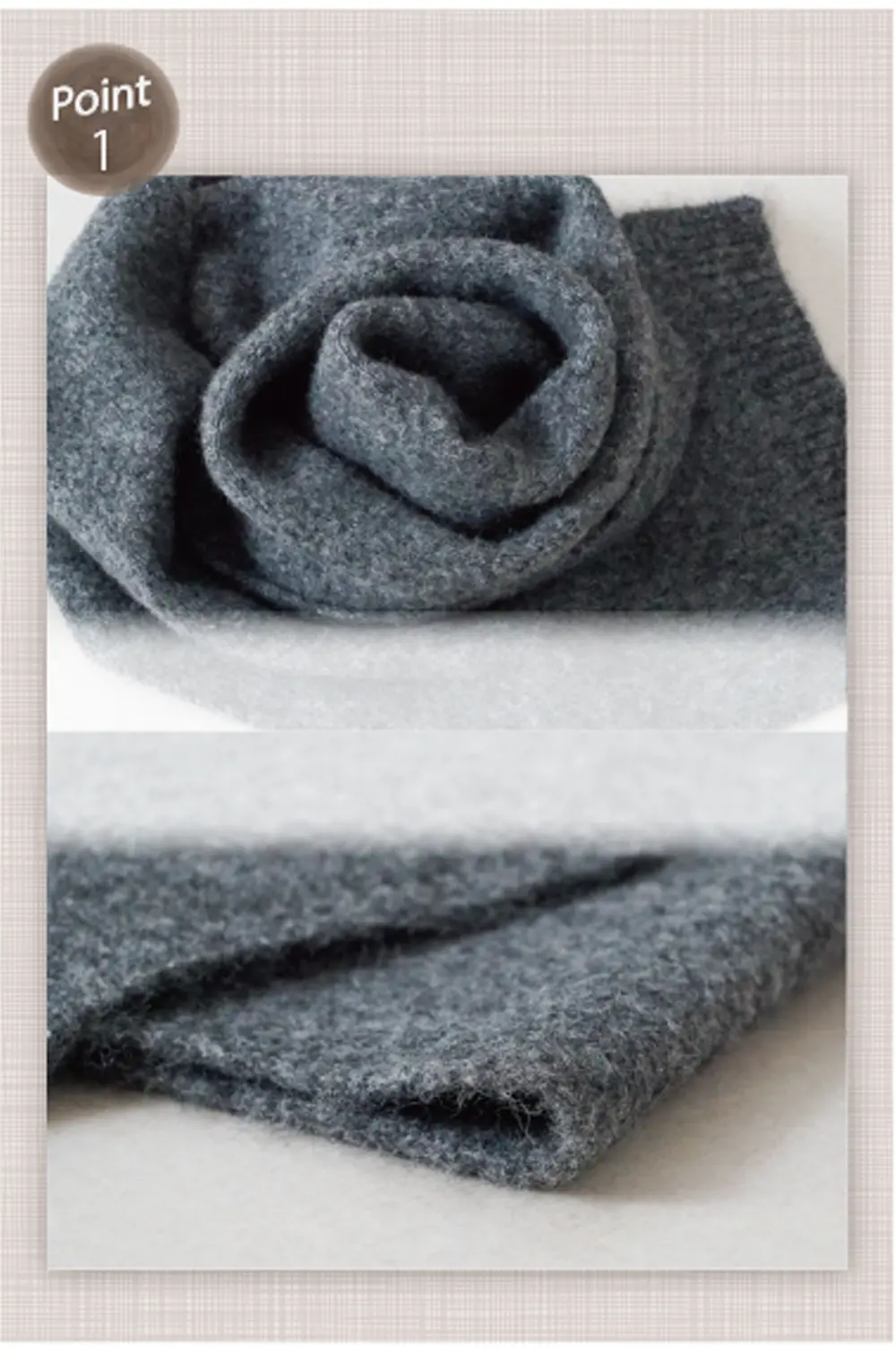薄手で軽やかなウール混マフラーの生地感。きめ細かな素材感を紹介した商品イメージ
