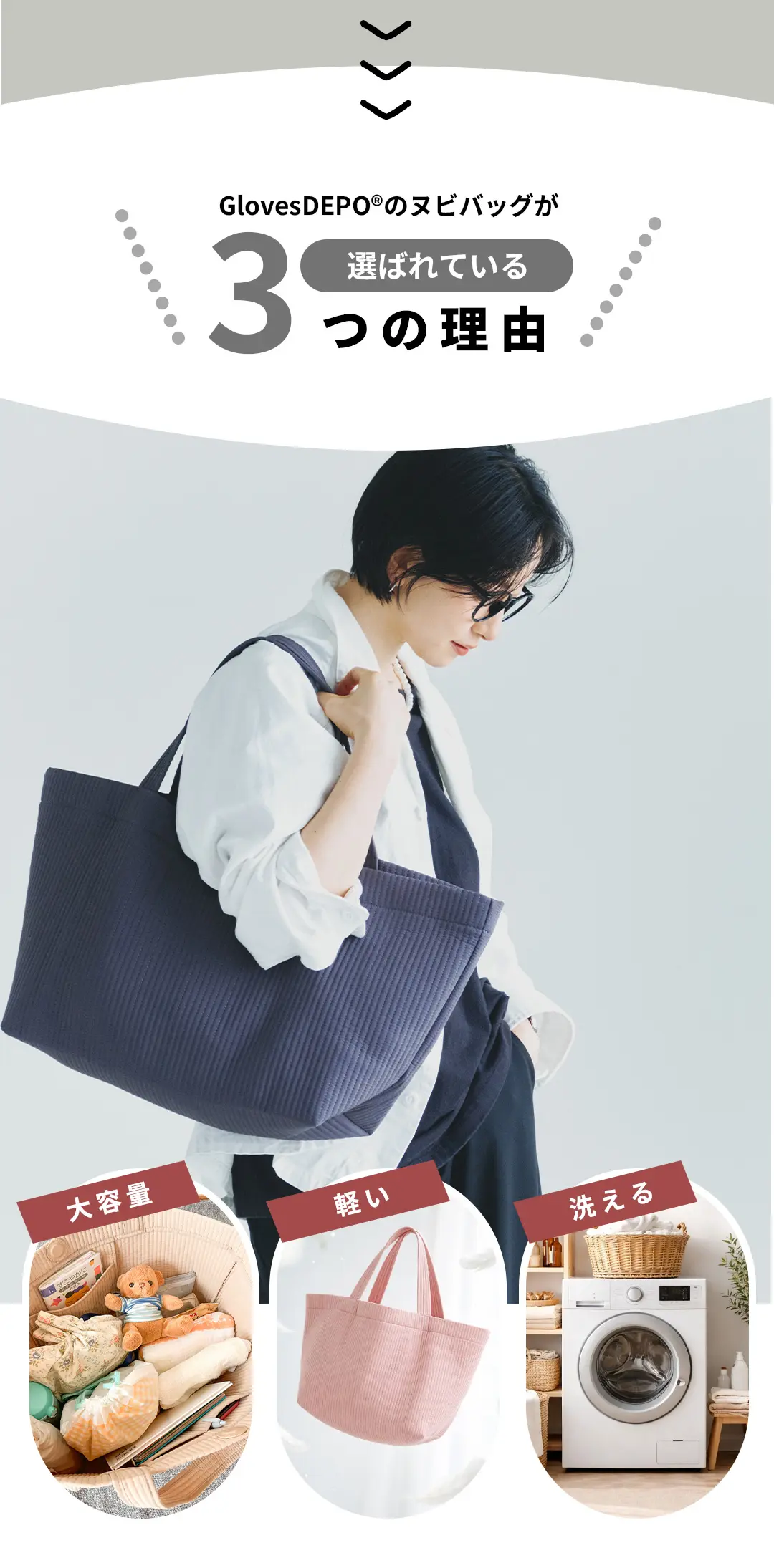 軽量・大容量・洗える仕様のヌビバッグが選ばれるポイントを紹介した説明画像。毎日使いやすいキルティングバッグ