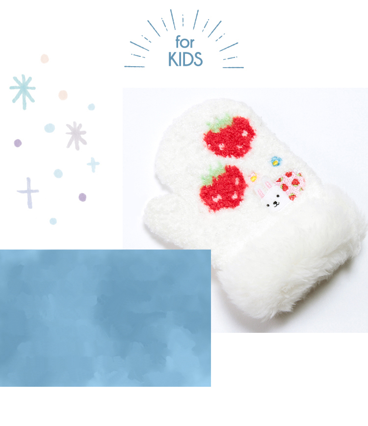 商品概要：とってもかわいいうさこちゃんとイチゴ柄。上質な裏起毛、セルフヒーター加工を施したあったか手袋