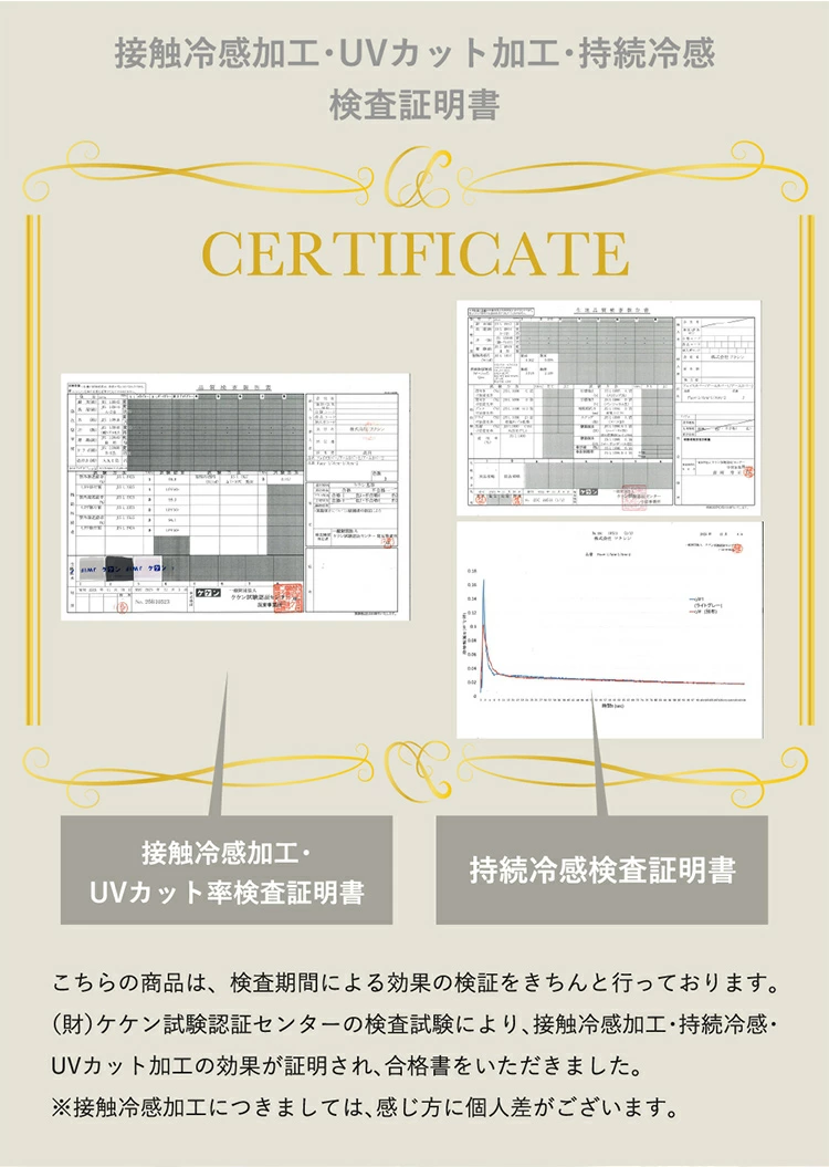 持続冷感加工・UVカット加工・接触冷感加工の証明書