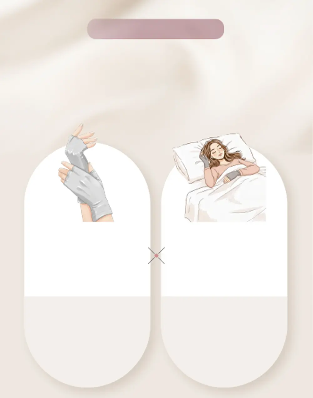 レディースシルク手袋の特長を紹介する説明画像。就寝時に手袋を着用する手元イラストイメージ