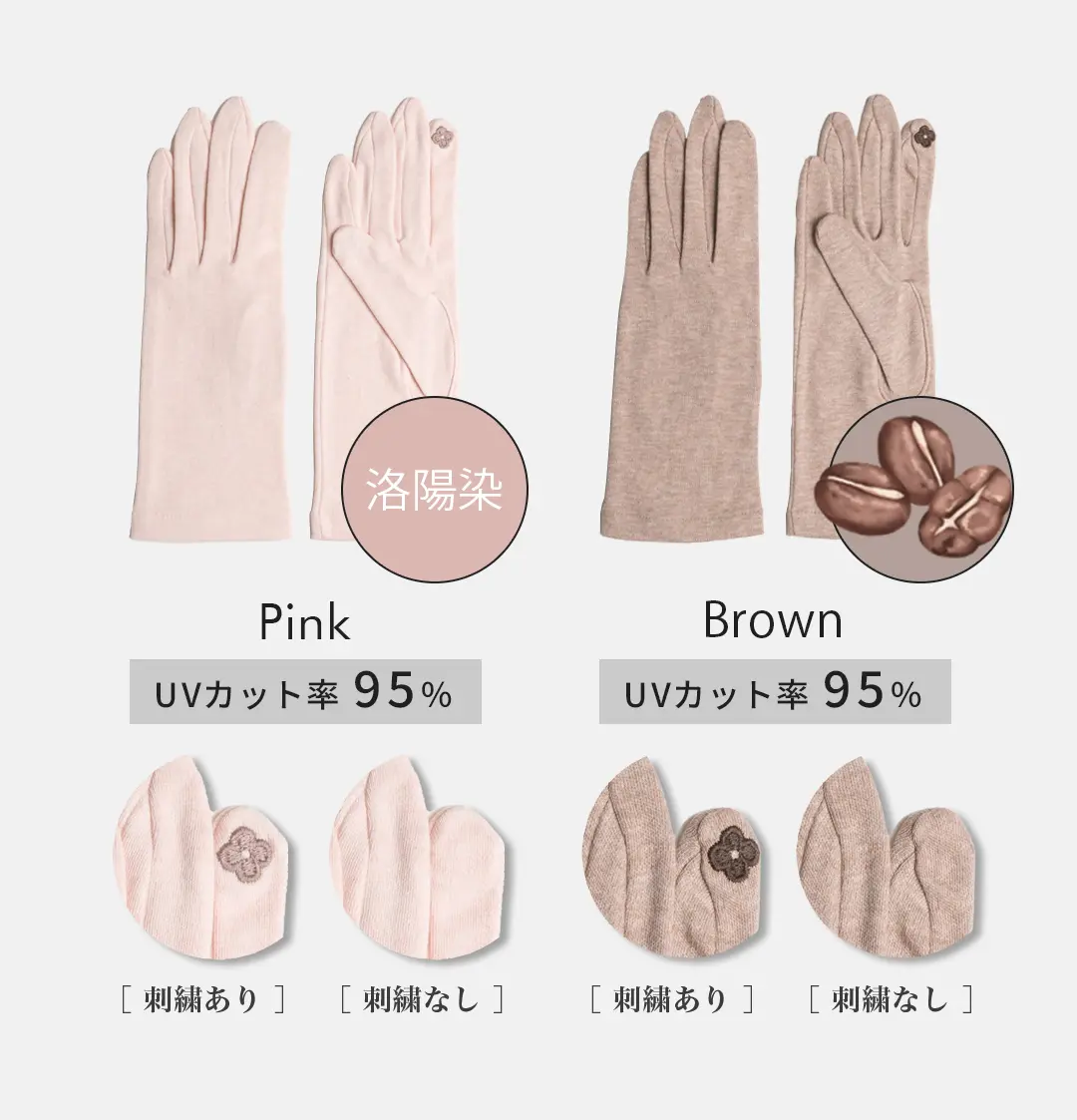 オーガニックコットン100%アームカバーのカラーバリエーション 刺繍あり・なしが選べる（ピンク・ブラウン）