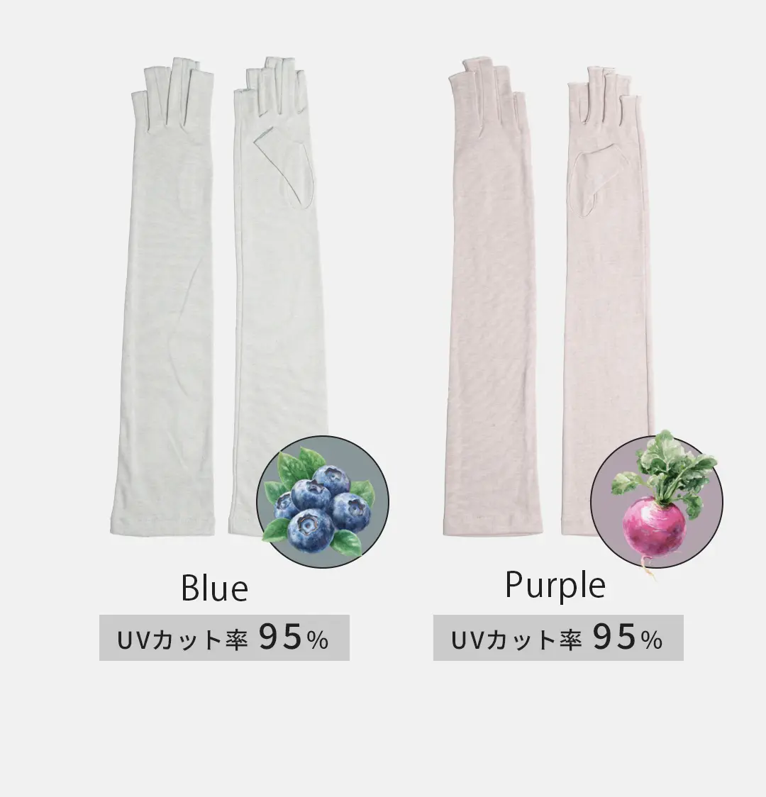 オーガニックコットン100%アームカバーのカラーバリエーション （ブルー・パープル）