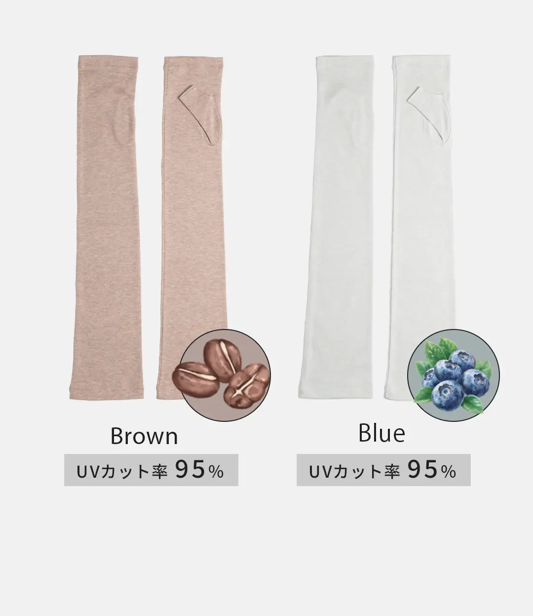 オーガニックコットン100%アームカバーのカラーバリエーション （ブラウン・ブルー）