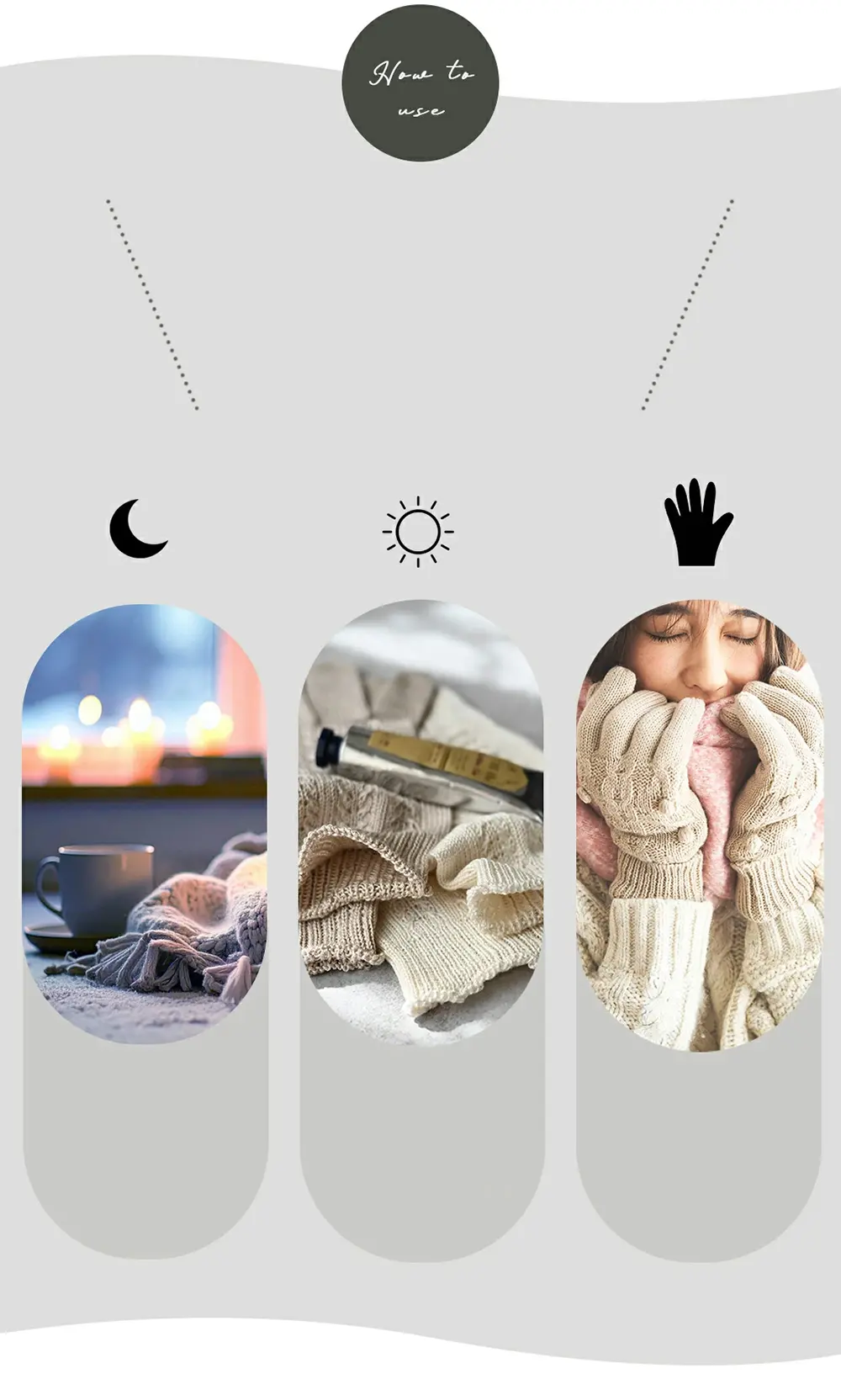 朝と夜の使用シーンを紹介するレディースシルク手袋の着用イメージ。乾燥対策や保湿ケアを意識した使い方を紹介。