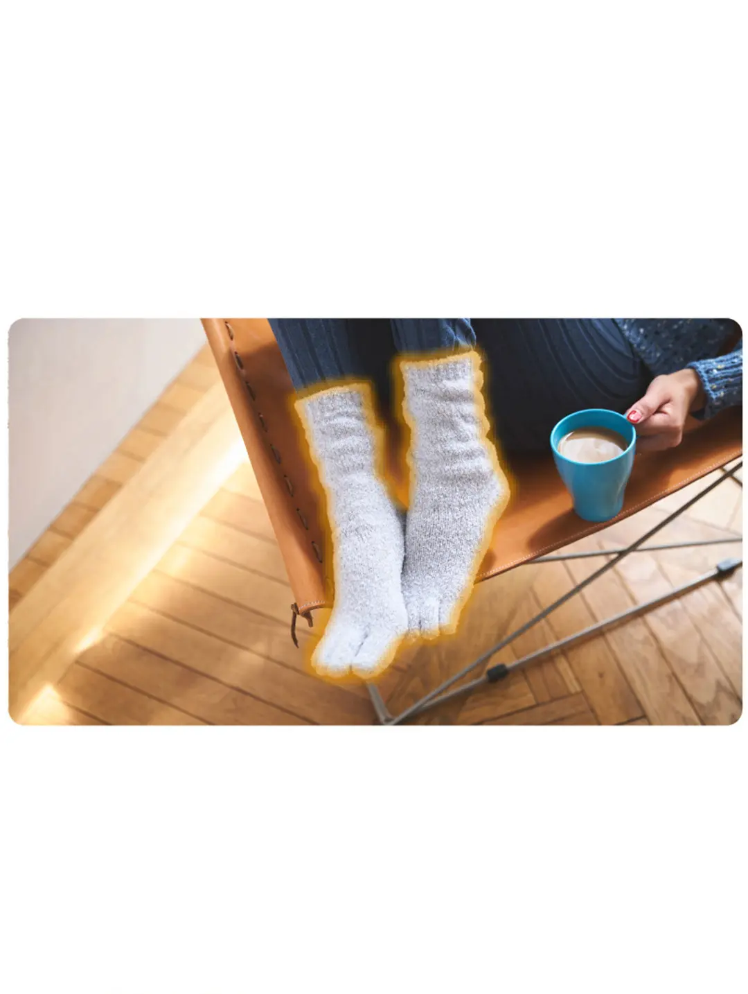 こたついらずソックスの5本指の着用イメージ。モコモコ素材で足元の冷え対策を意識した冬用ソックス