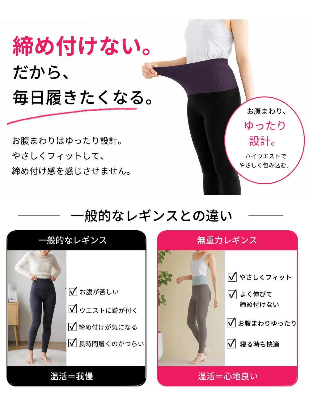お腹周りゆったり設計、締め付けないから毎日履きたくなる