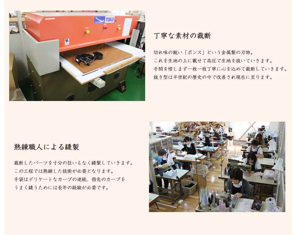 丁寧な素材の裁断　熟練職人による縫製
