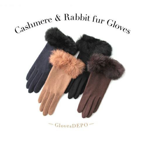 スマホ対応 レディース カシミア100 ジャージ手袋 ラビットファー付