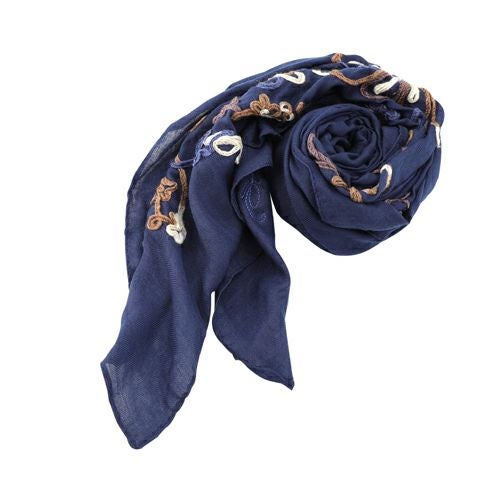 【FRANCO BASSI】新品！スカーフ　ストール　花　刺繍　ネイビー ストール 刺繍 花柄 大判 通販 刺繍ストール マフラー ショール