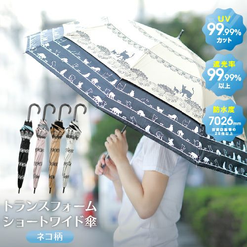 晴雨兼用 トランスフォーム傘 シルエット調ネコ柄